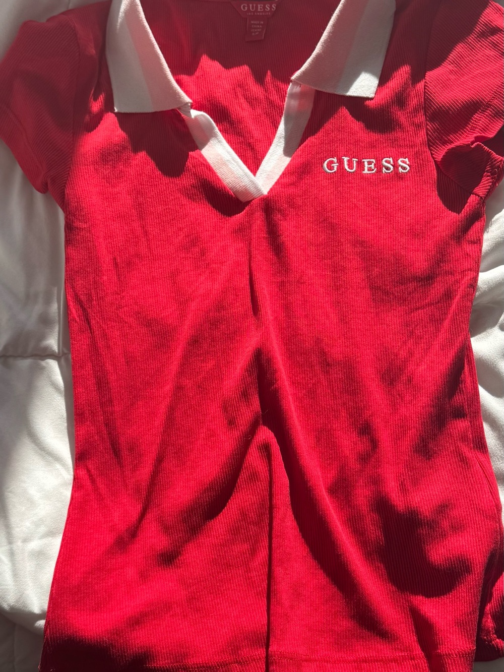GUESS Red Polo Top with White Collar Accent